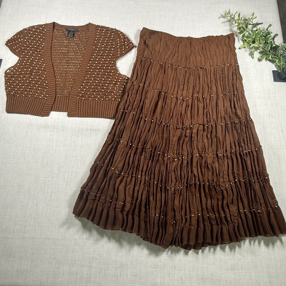 Sunny Taylor Brown Wood Beaded Crochet Vest and Tiered Maxi Skirt Set L
